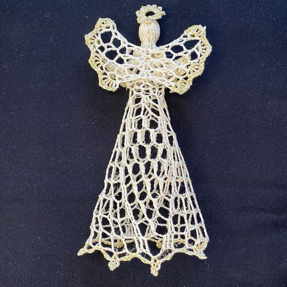 Vintage Starched Ivory Crochet Christmas Angel. Tree Topper. Decor. 5”x10” USA. - Picture 4 of 7